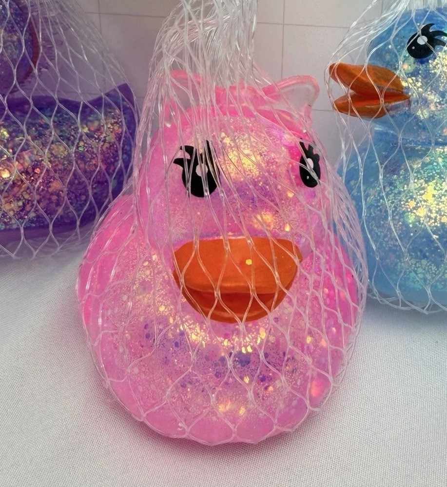 ORB Sugar Swaps Duck Pink Blue Purple Set of 3 Spiky Hair Bow Squishy Squeezy