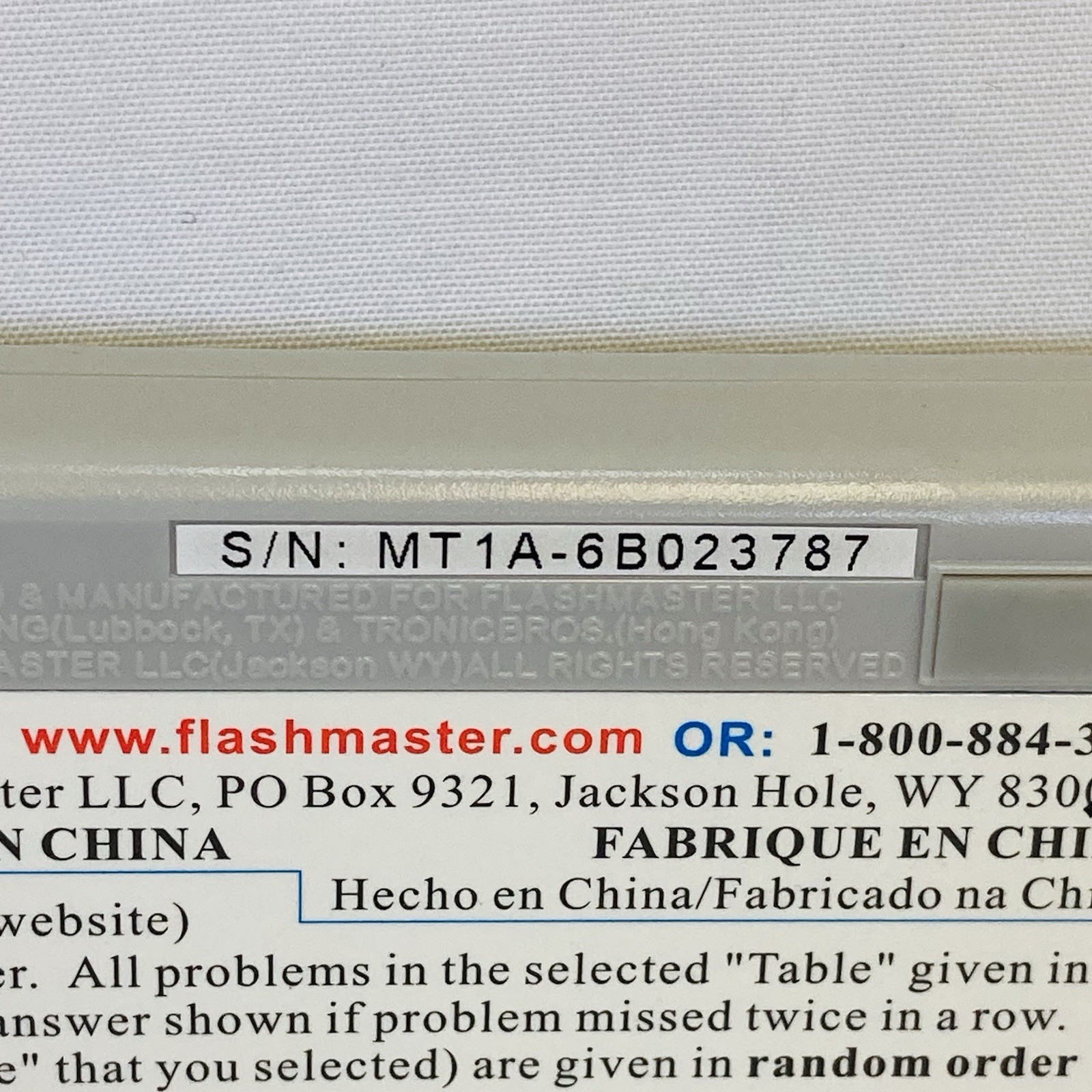 FlashMaster MT1A Electronic Learning Tool Math Tables With Instruction Manual