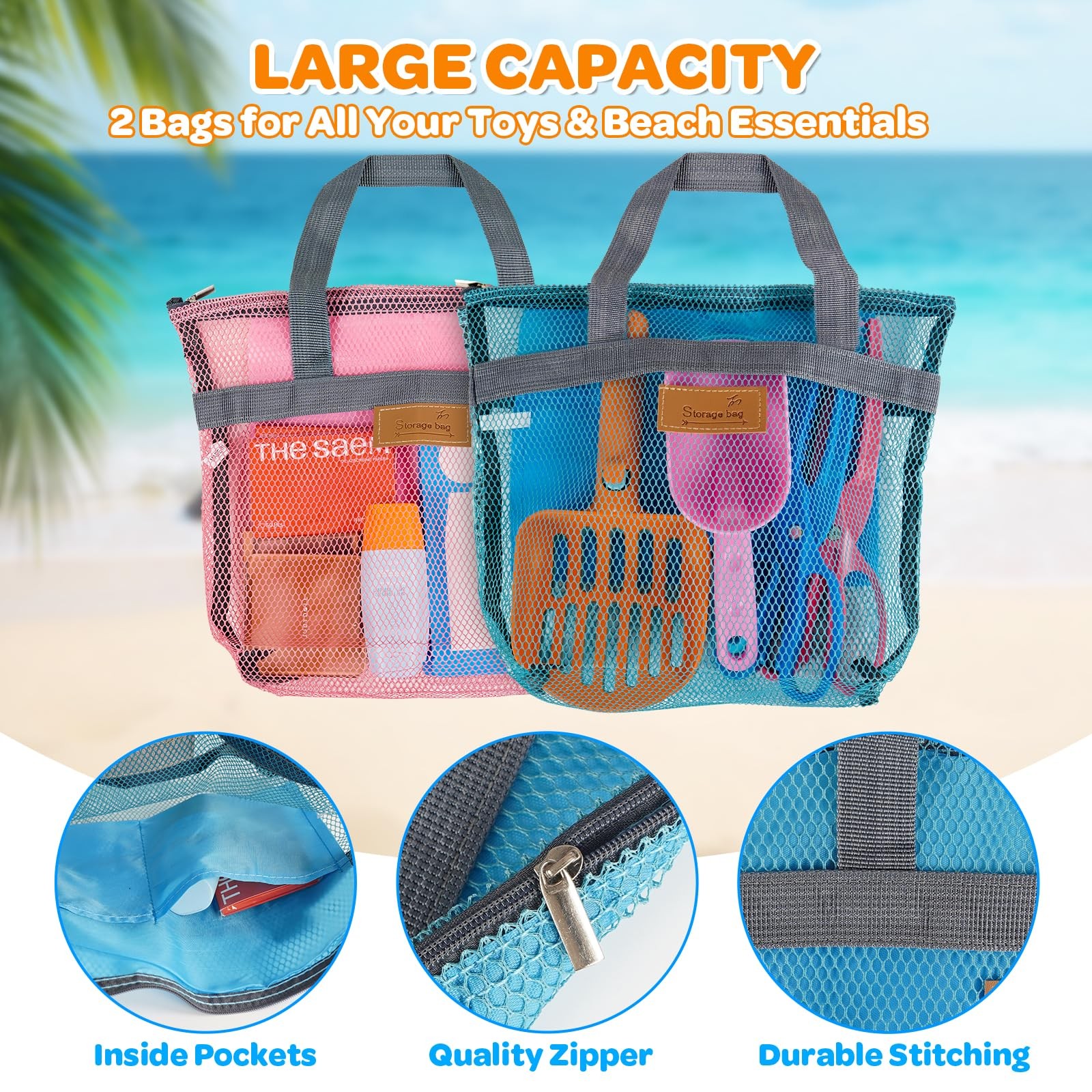 Beach Sand Toy Kids Age 4-8 Sandbox Kits with Mesh Shell Bags, Multicolored