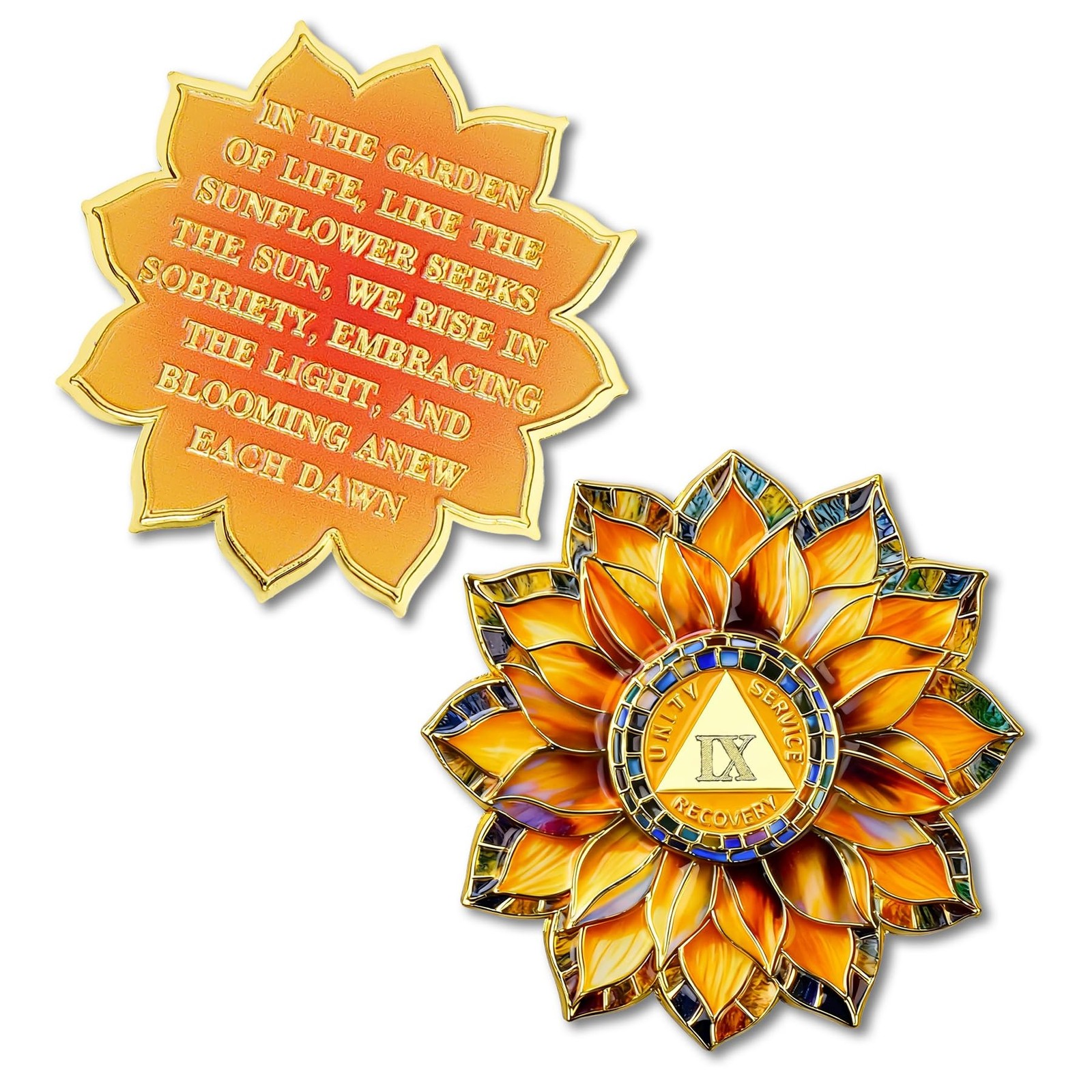 Sunflower 9 Year Sobriety Coin – Colorful Glass Broken and Rebuilt AA Coins -…