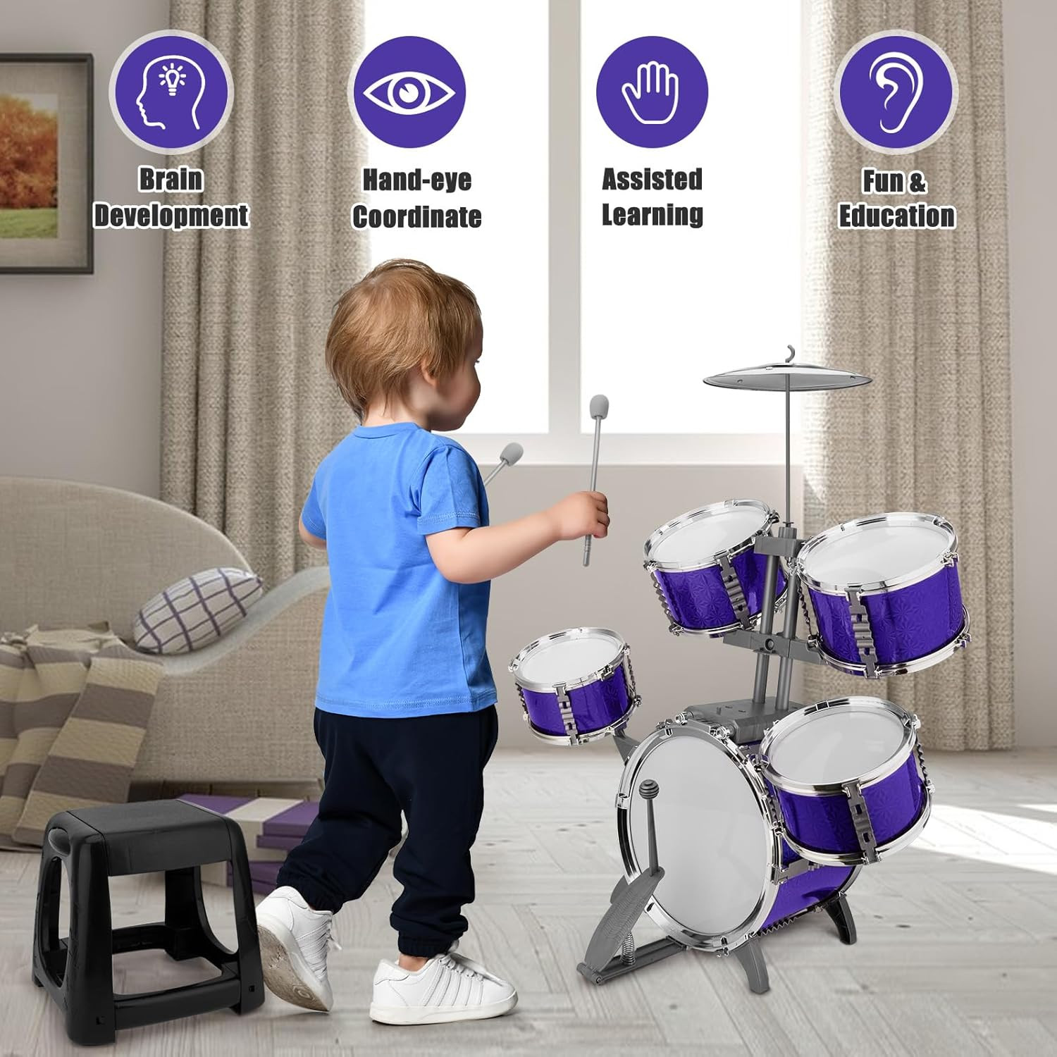 Kids Drum Set Jazz Drum Rock Kit Toys for 3 4 5 6 7 Year Old – 5 Piece Toddler B