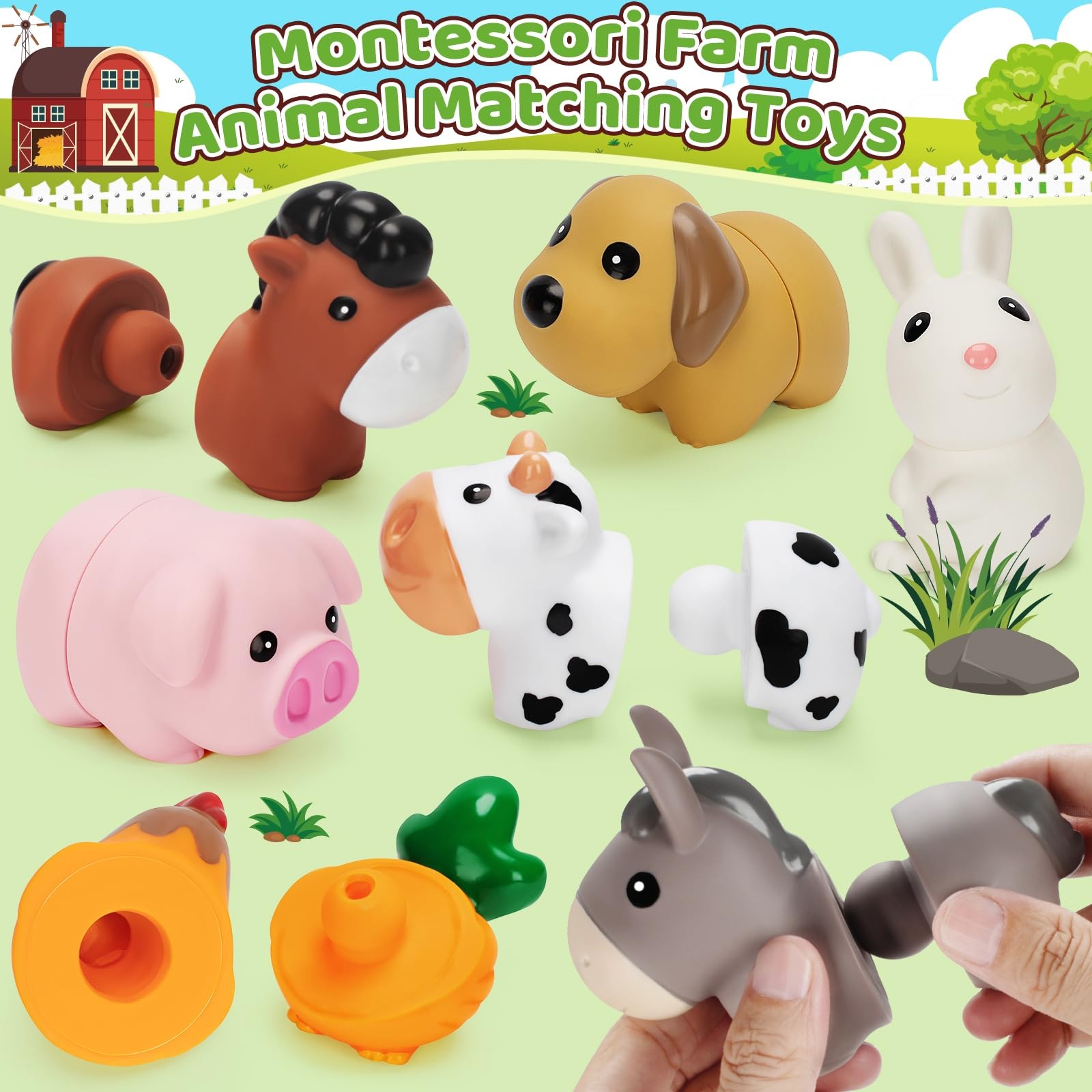 10 Pack Farm Animal Matching Toys, Montessori Gifts for 1-3 Year Old Toddlers
