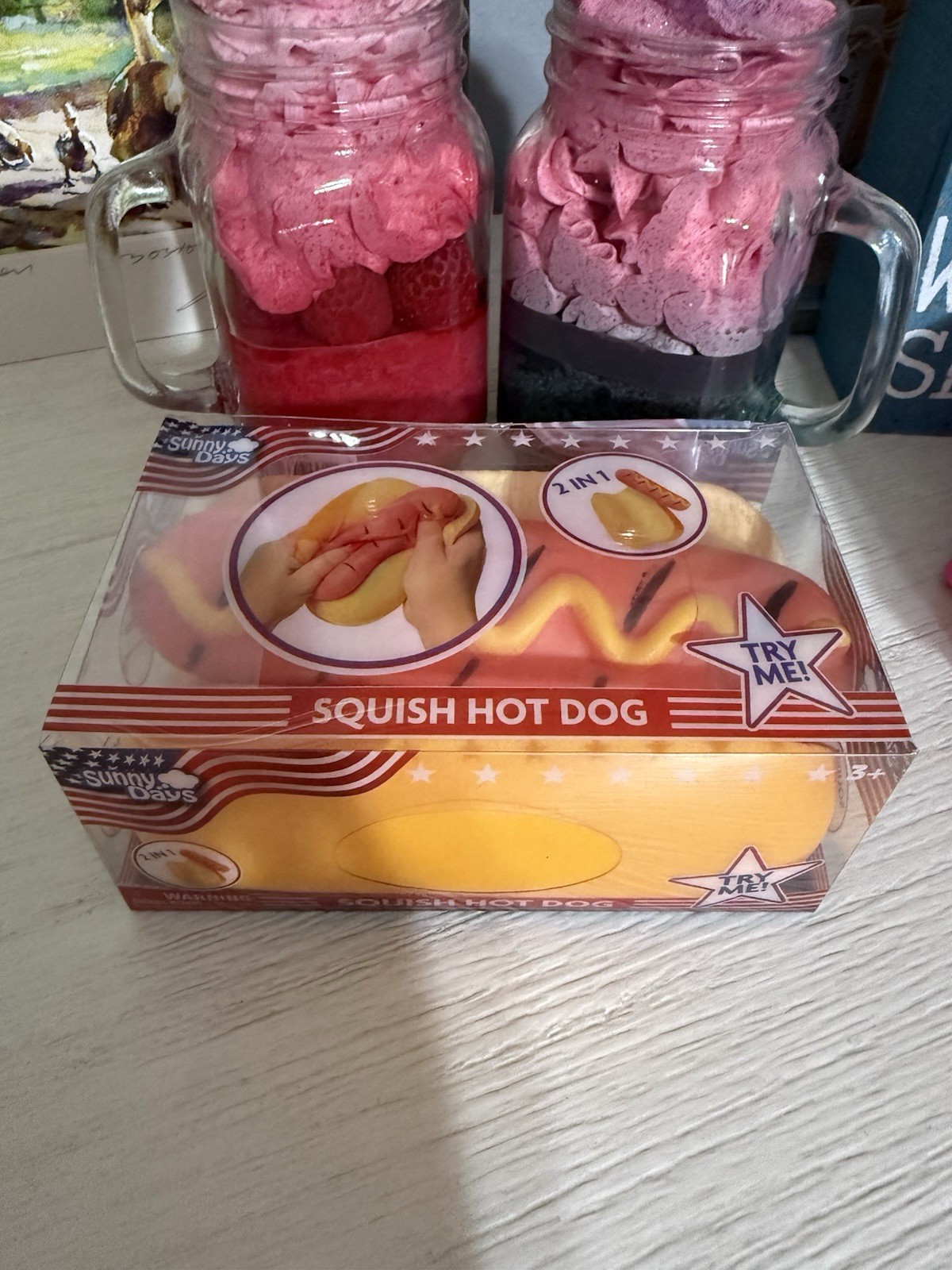Squishy Hot Dog Squeezy Fidget Toy Sunny Days 2-in-1 Hotdog Stress Relief NEW