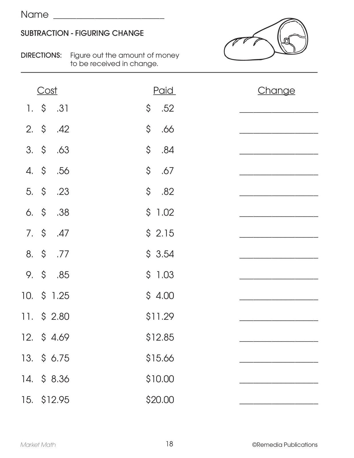 Remedia Publications Real Life Math Series Market Math Workbook For Grades 3-6