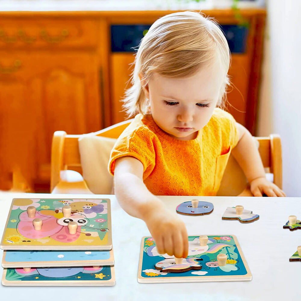 4 x Wooden Puzzles for Toddlers, Wooden Animal Shape Learning Educational Puzzle