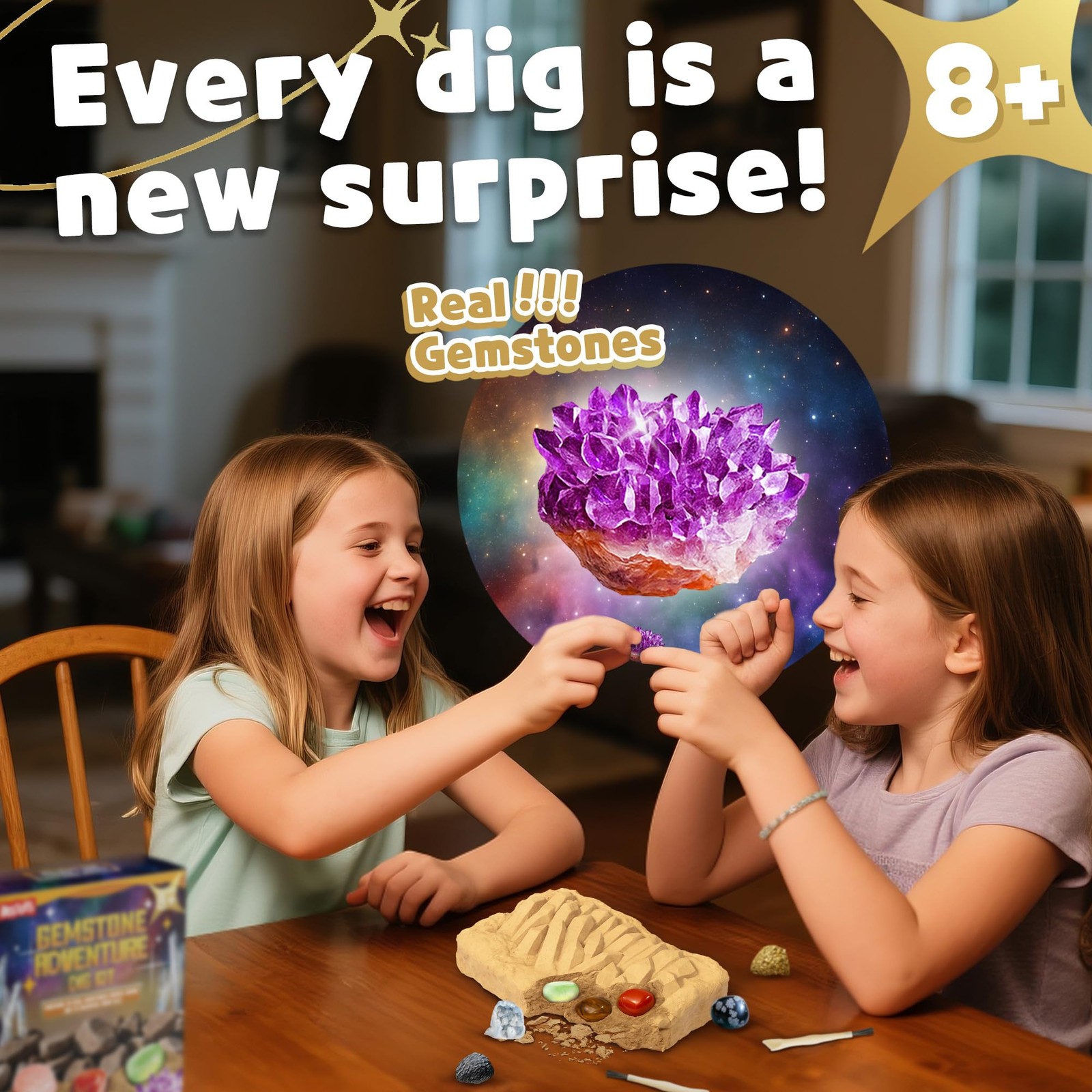 Gemstone Dig Kit for Kids with 2 Tools, Excavate 10 Real Gems, STEM Science M…