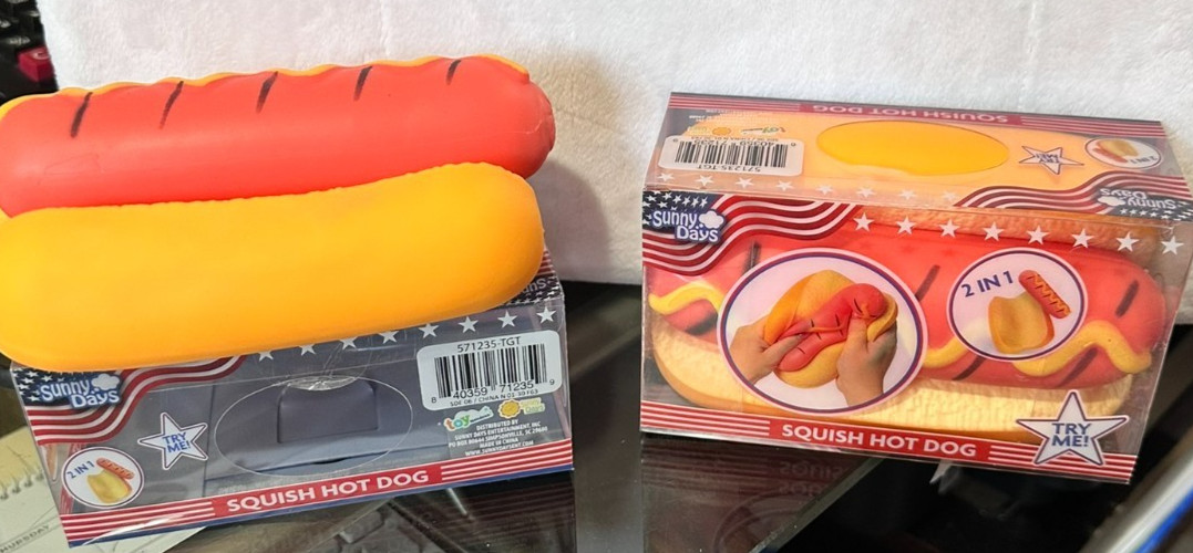 Sunny Days Squish Hot Dog~ 2 in 1 Squeeze Toy Yellow/Red~ Ages 3+