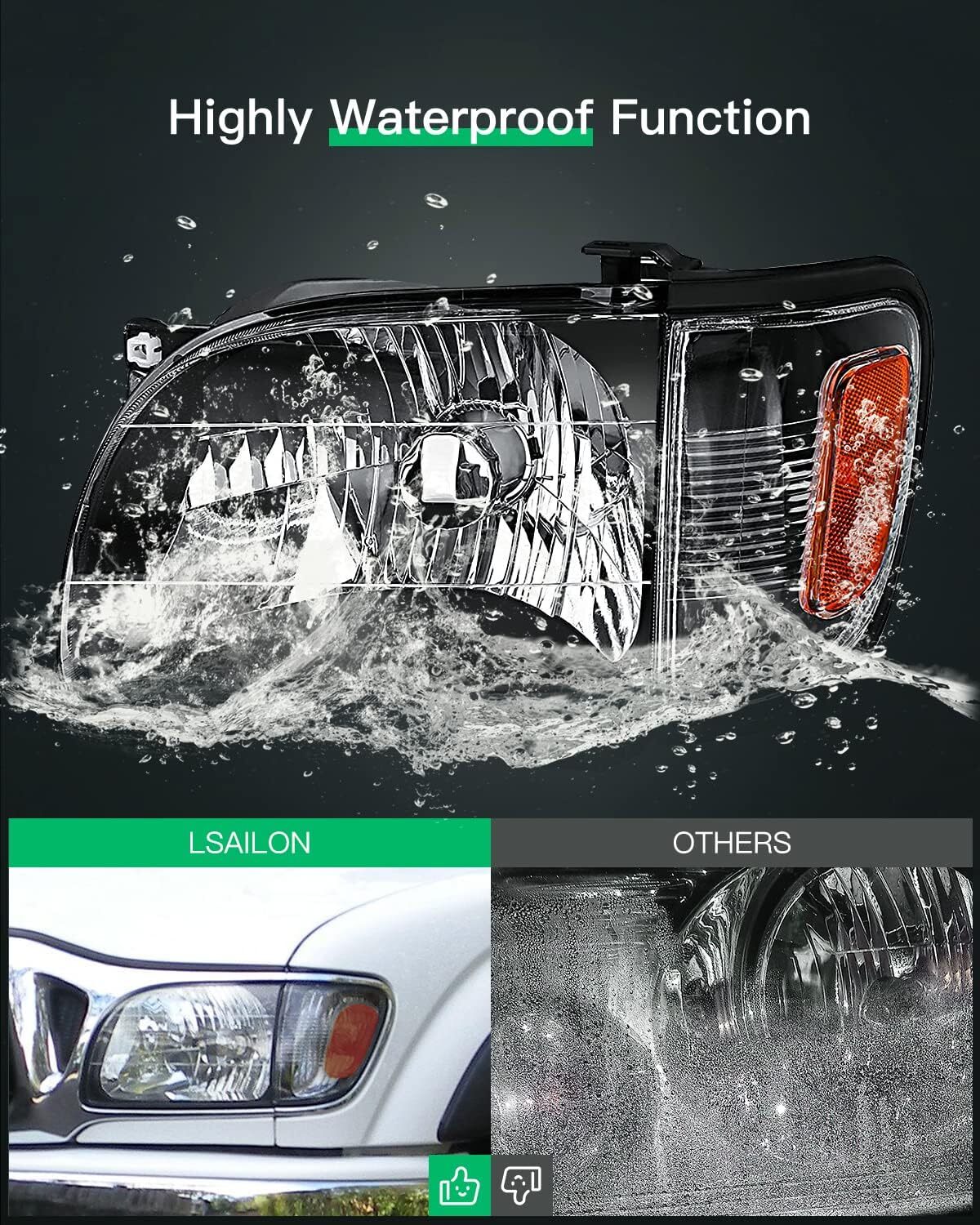 LSAILON Headlight Assembly Replacement Fit 2001-2004 For Toyota Tacoma Black