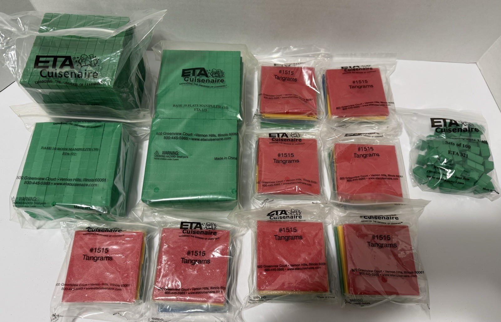 ETA CUISENAIRE BASE TEN BLOCKS LOT (CUBE, FLATS, RODS, TANGRAMS) *NEW*