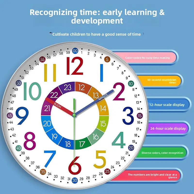 Rainbow Silent Wall Clock Modern Quartz Educational Clock for Kids & Home |