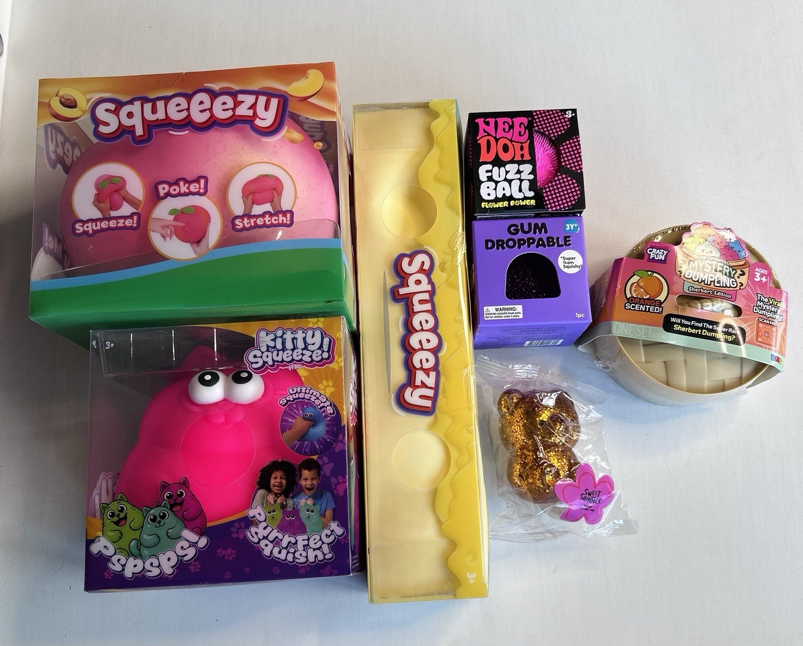 Rare 7pc Squishy Lot Sherbet Dumpling J’adore NeeDoh FuzzBall Kitty + More
