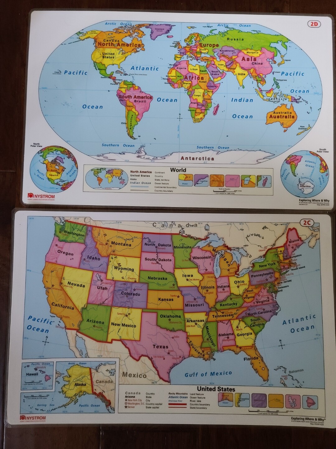 17″X11″ Laminated Double-Sided United States 2C & World Map 2D Nystrom LOT of 10