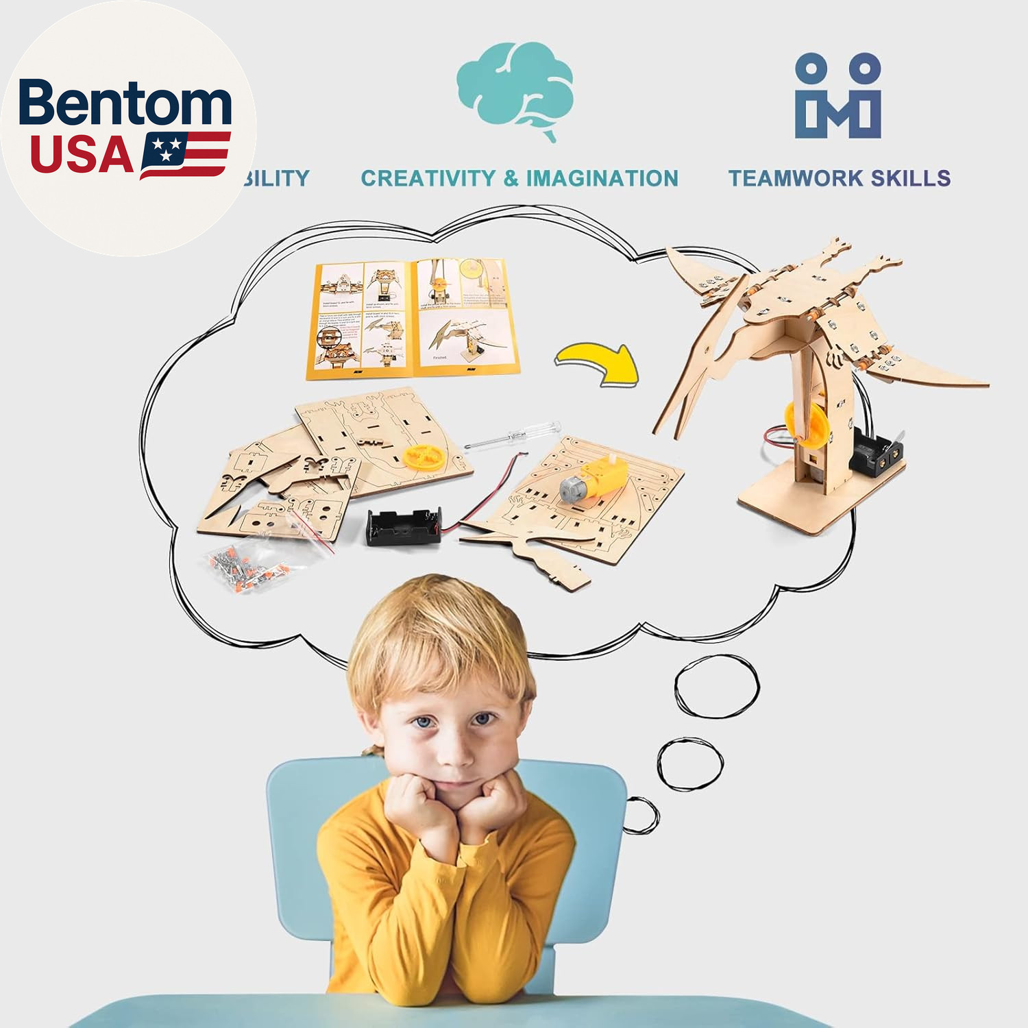 Dinosaur STEM Kits for Kids Ages 8-10-12, 4 in 1 Wood Building Toys for Boys Age