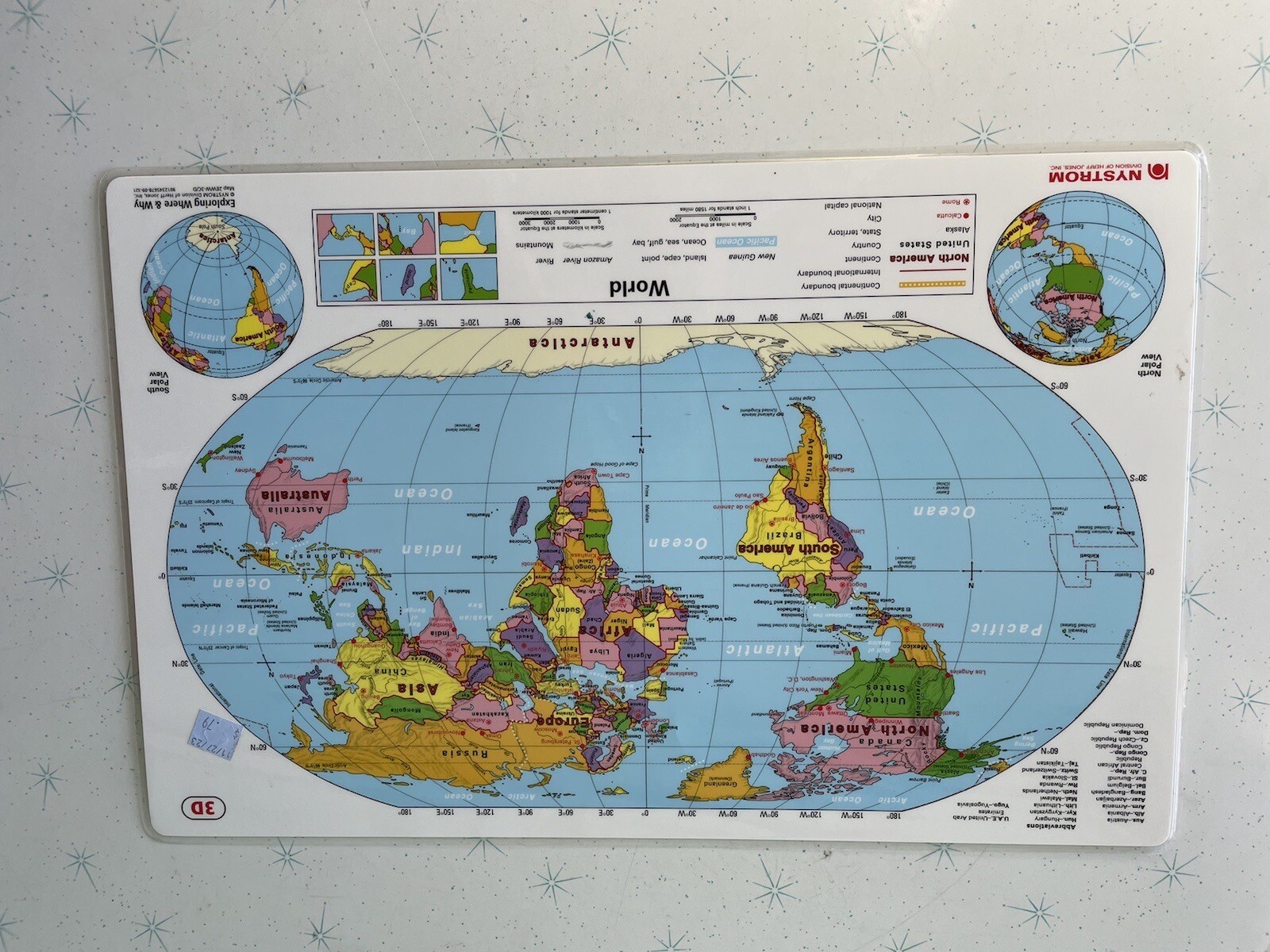 Pristine 17″X11″ Laminated double sided United States 3C & World Map 3D Nystrom