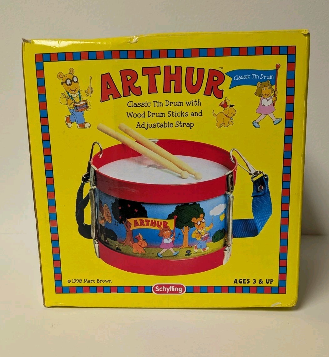 Vintage ARTHUR Schylling Tin Drum Toy w/ Drumsticks Adjustable Strap 1998 PBS
