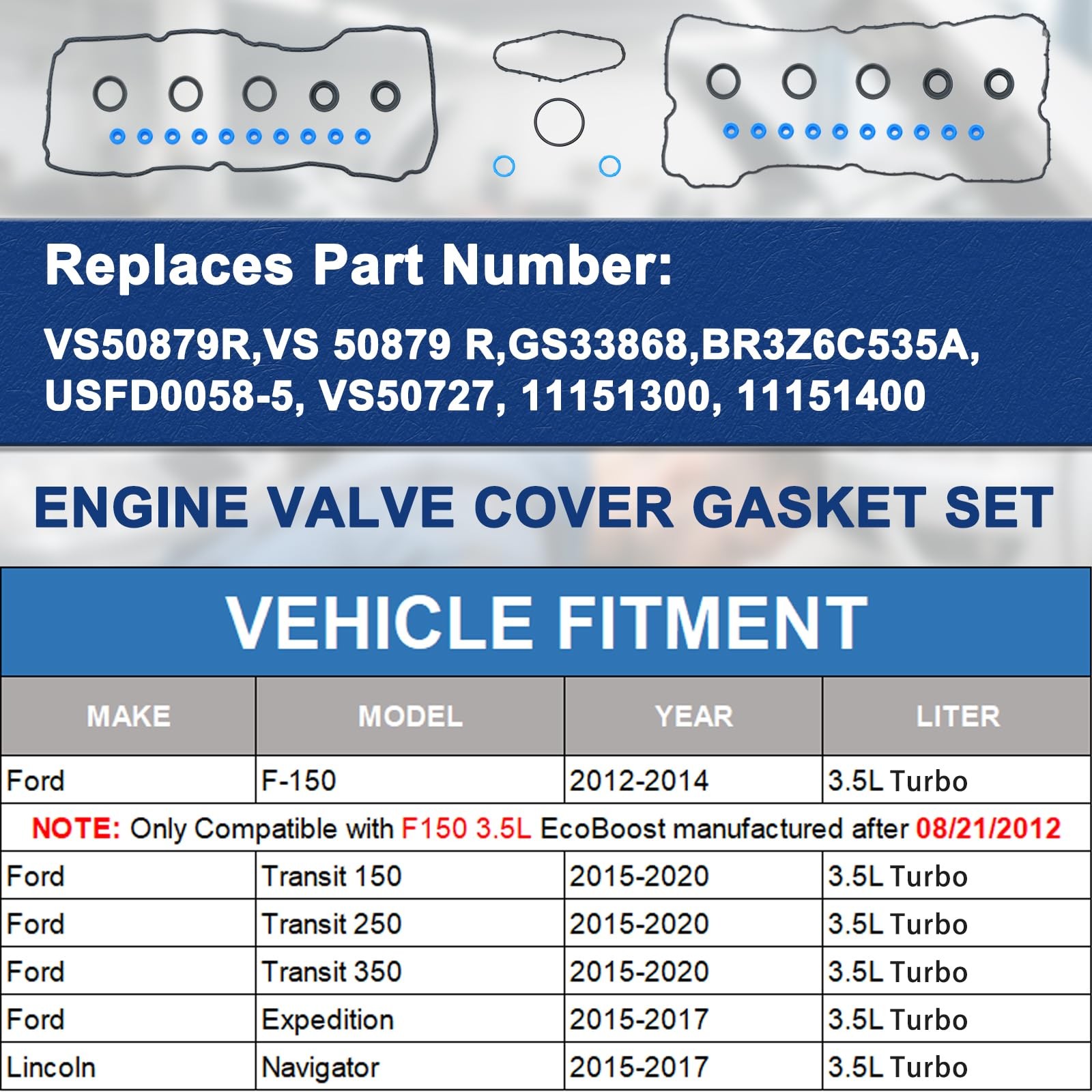 VS50879R 3.5L Valve Cover Gasket Compatible with 2012 2013 2014 Ford Black