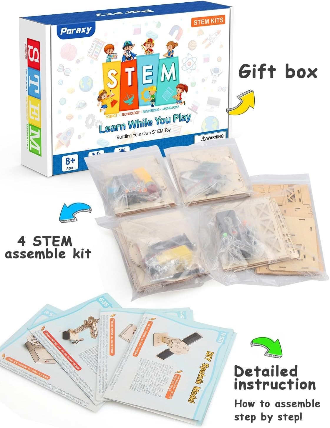 4 in 1 STEM Kits, STEM Projects for Kids Ages 8-12, Assembly 3D Wooden Puzzles,