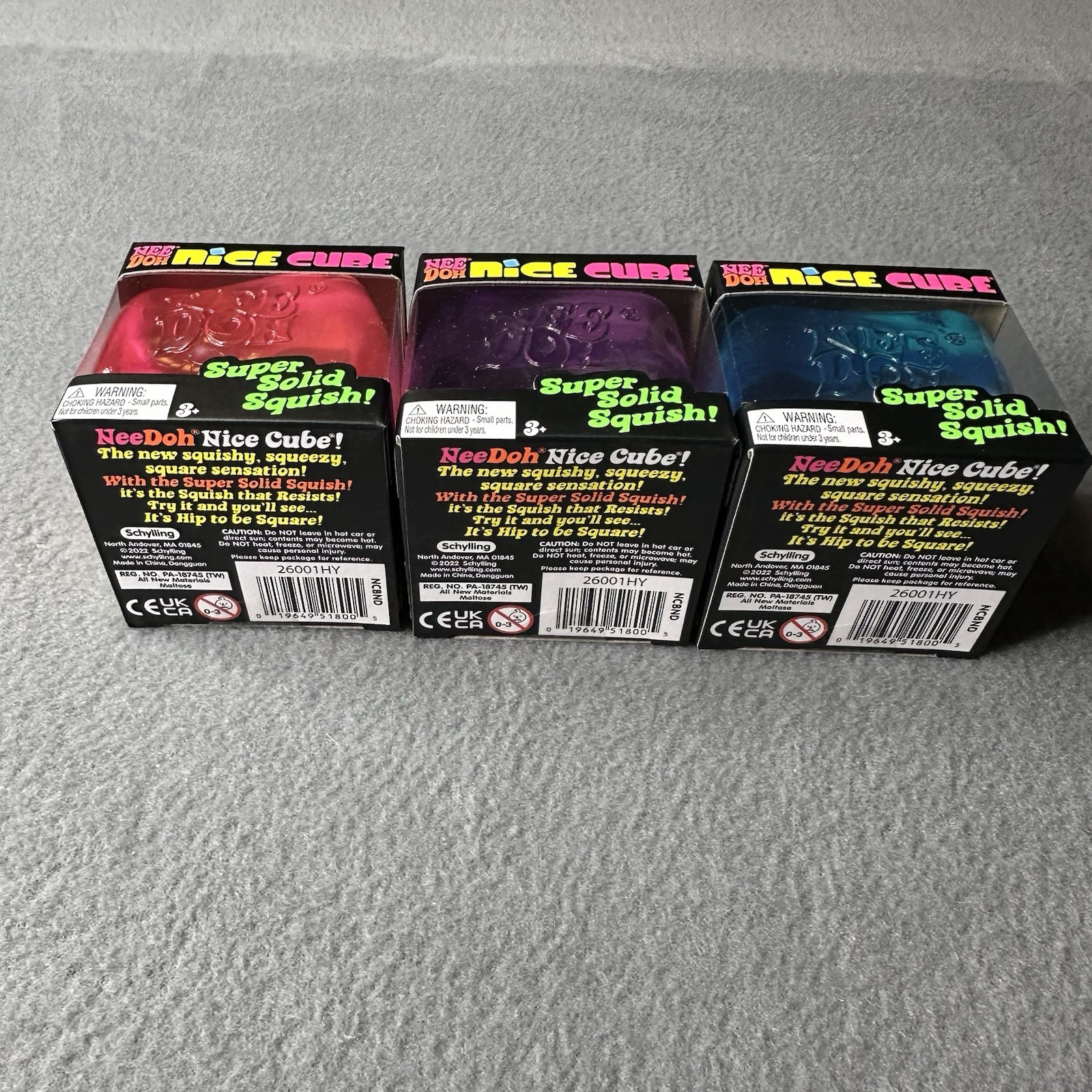 Lot 3 NeeDoh Nice Cube Super Solid Squish Fidget Sensory Pink Purple Blue NEW