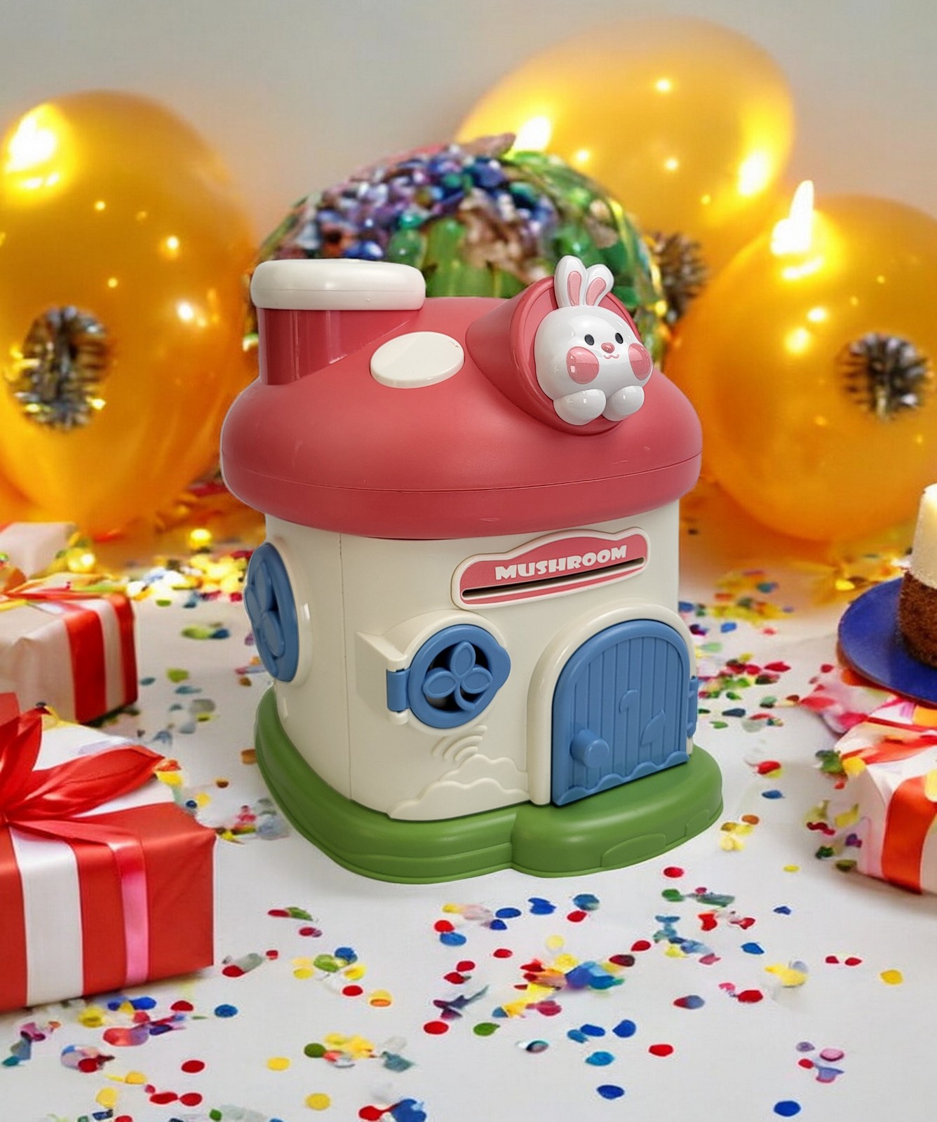Lockable Kids Piggy Bank Mushroom Coin Box 2 Keys ASTM Non-Toxic Vinyl USA