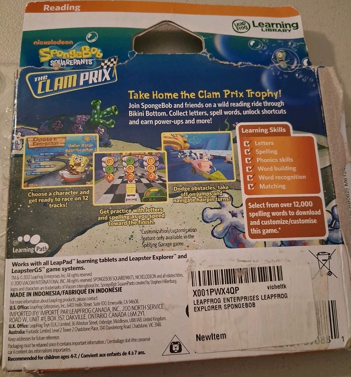 Leappad LeapFrog Explorer SpongeBob Squarepants The Clam Prix Learning Game