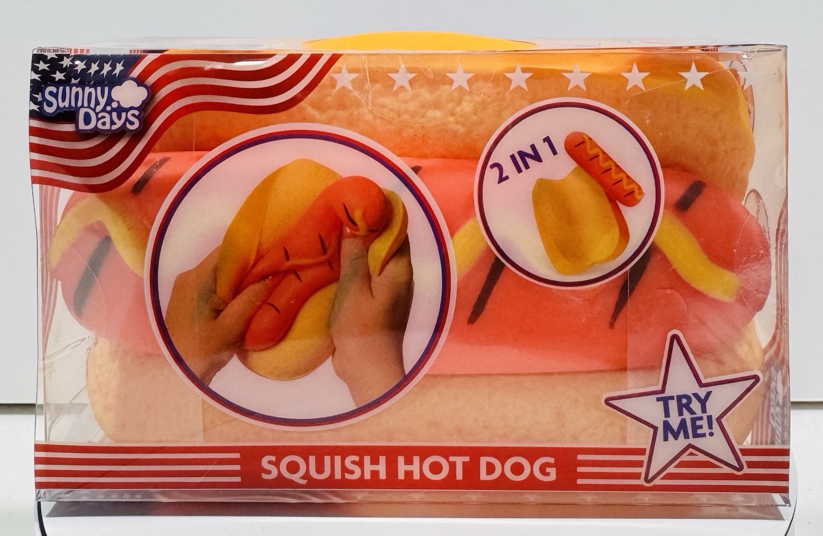 Hot Dog 2-in-1 Sunny Days Squish Tactile Squeeze Toy. Color: Red & Yellow