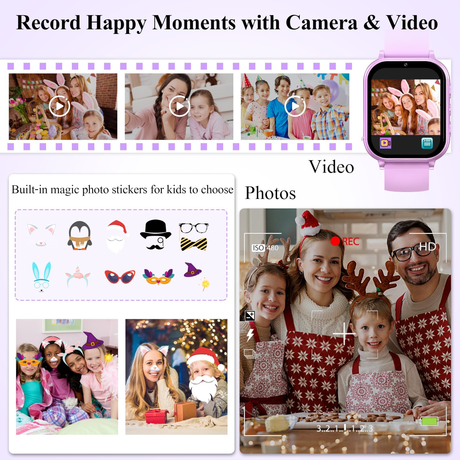 KALINCO Kids Smart Watch, 30+ Games Camera Video 1.83 inches, Purple