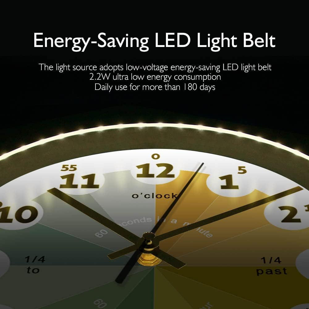 How to Tell Time Learning Silent Quartz Clock,Voice Control LED Night Light,Home