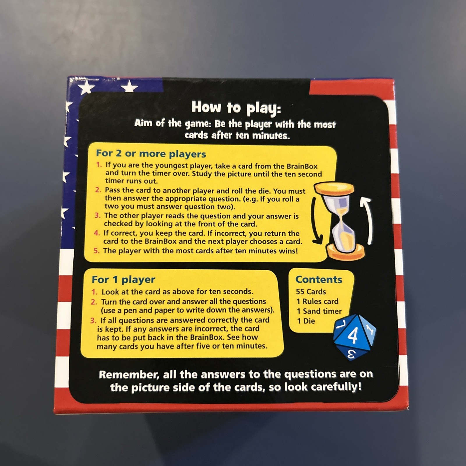 BRAIN BOX The USA The Ten Minute Brain Challenge Questions Game Family