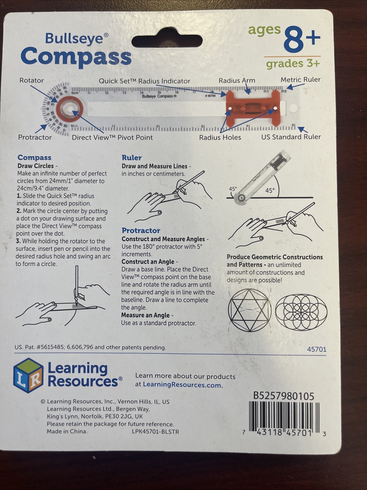 Learning Resources SAFE-T Bullseye Compass, Ruler, Protractor, Early Geometry