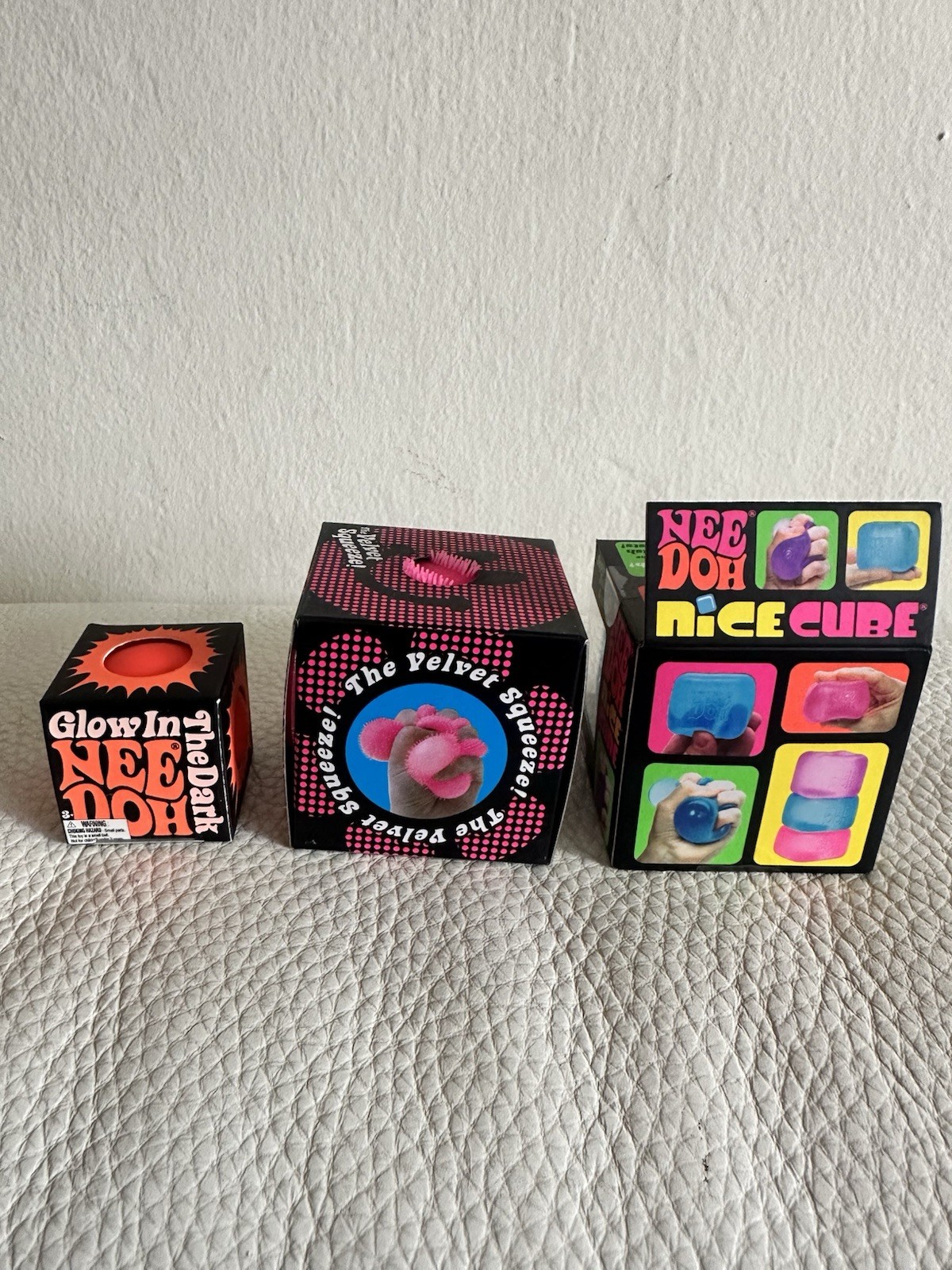 Set of 3 Schylling NeeDoh Squeeze Toys Glow In The Dark, Fuzz Ball, & Nice Cube