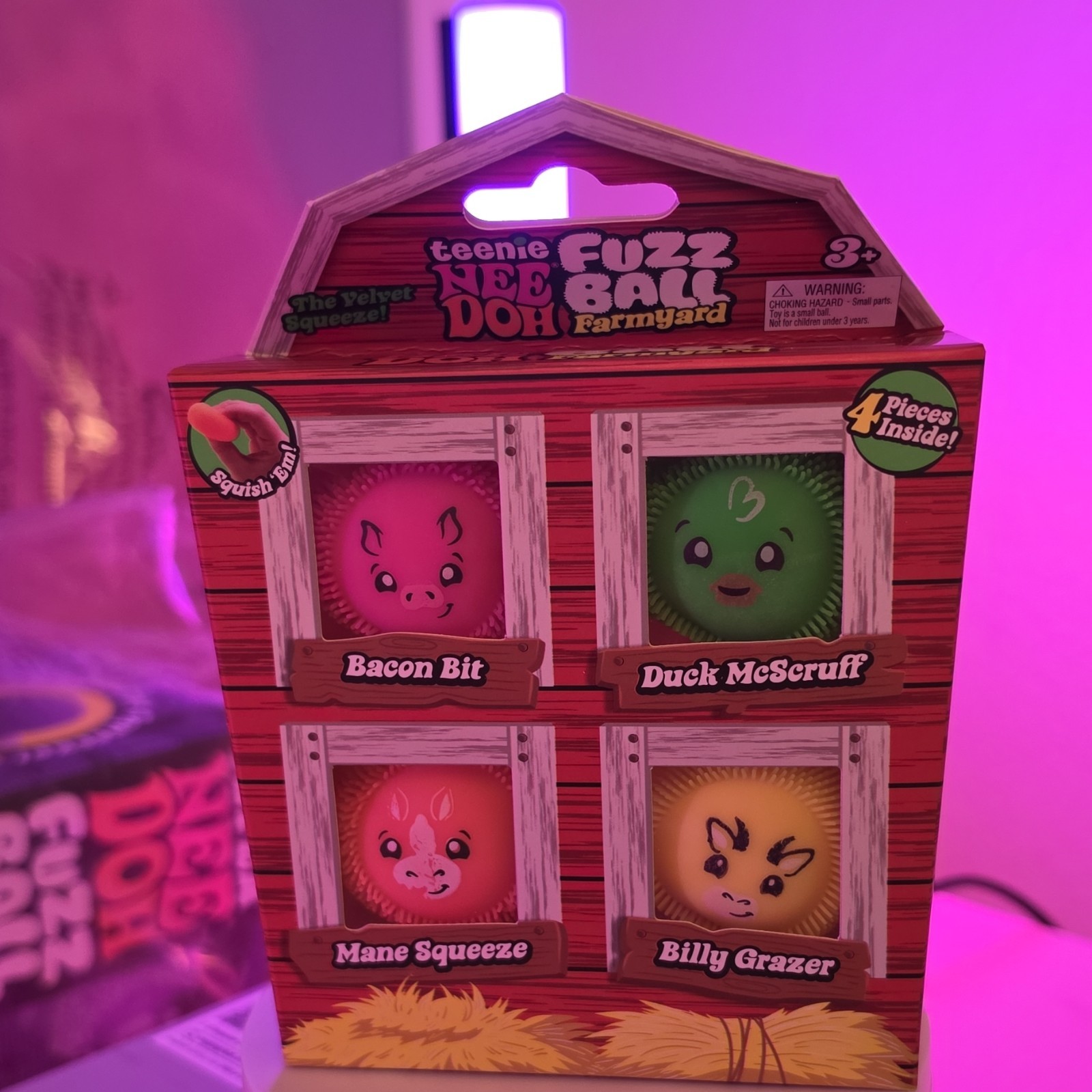 Nee Doh Teenie NeeDoh Fuzz Ball Farmyard Squeeze Toys, Multicolor 4pc, 3+