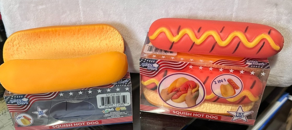 Sunny Days Squish Hot Dog~ 2 in 1 Squeeze Toy Yellow/Red~ Ages 3+