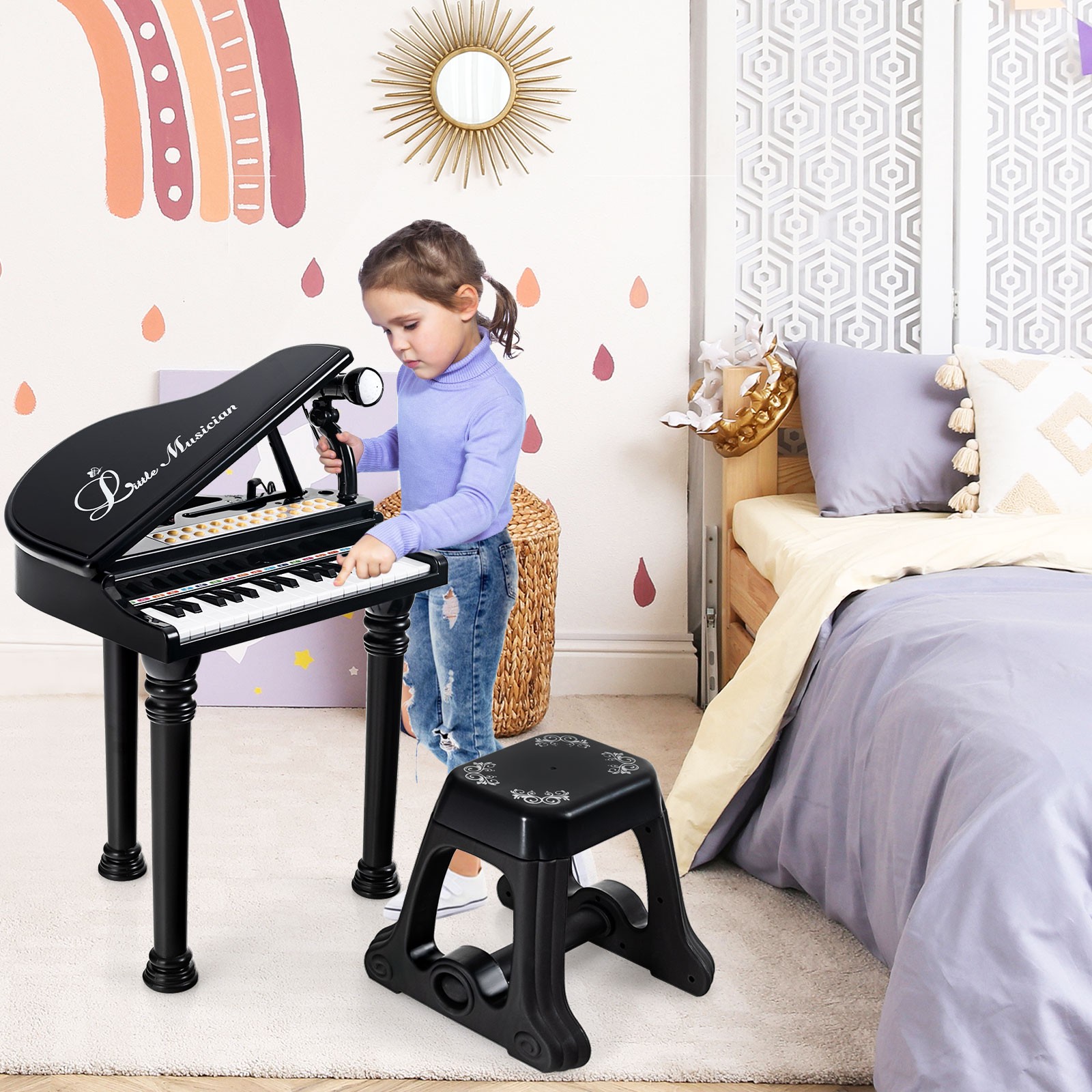 31 Keys Kids Piano Keyboard Toy Toddler Musical Instrument w/ Stool & Microphone