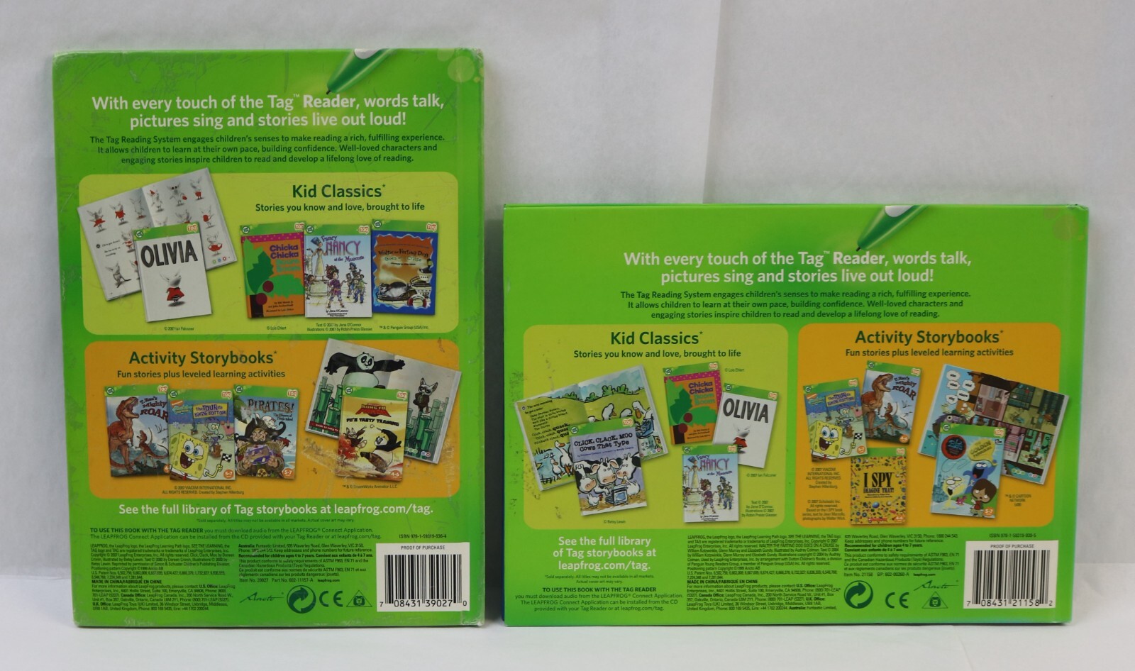 Lot 4 Leapfrog Tag Reader Books Click Clack Moo,Kung Fu Panda, Spongebob, Walter