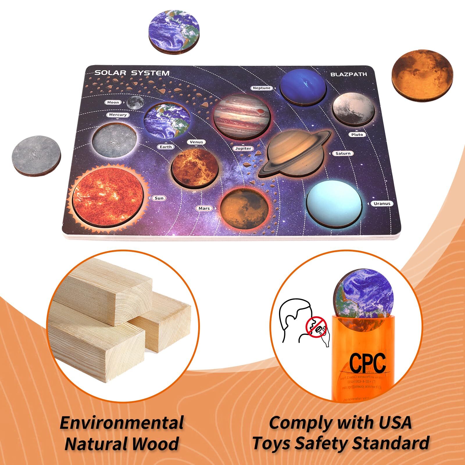 Wooden Solar System Puzzle for Kids 3-5 Montessori Planet Match Sensory Toy