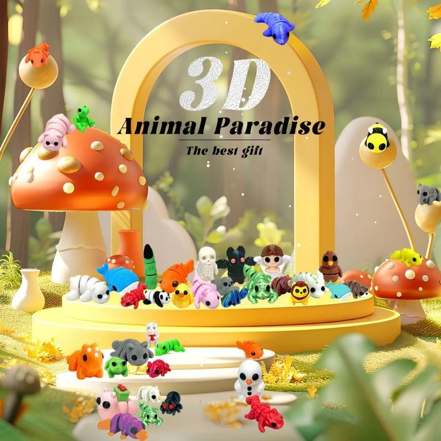 102 Pcs Mini Random 3D Printed Animal Figurines Set, Flexible Articulated Fidget
