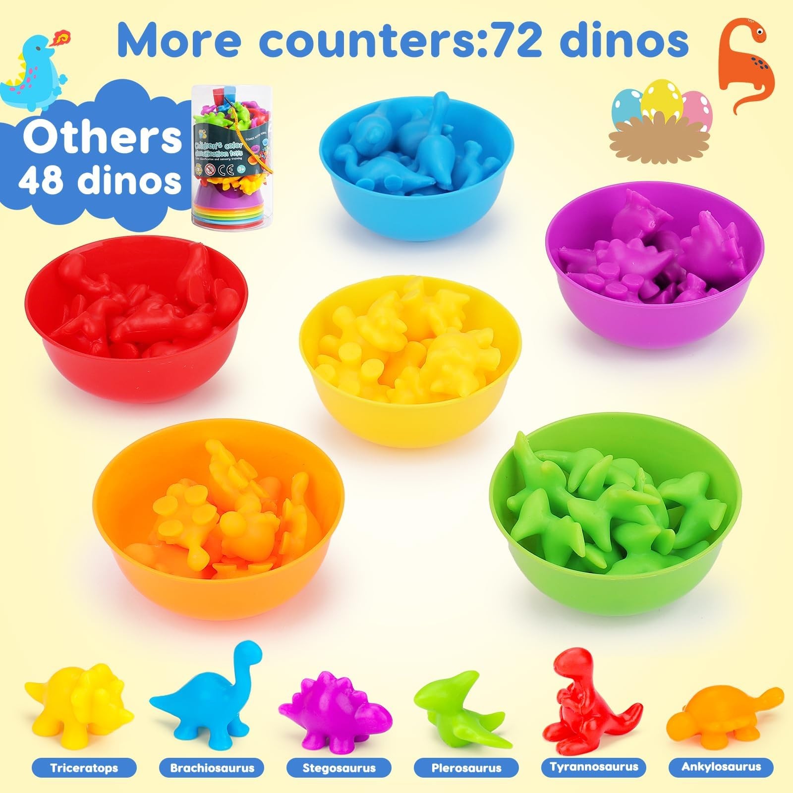 Counting Dinosaurs Montessori Toys for 3 4 5 Years Old Boys Small, 6 Bowls