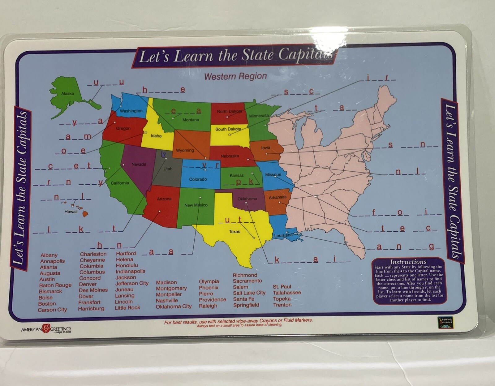 Placemat United States Lets Learn The State Capitols Edu. 93-98 Edumat USA