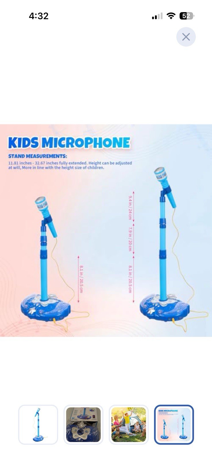 Kids Microphone Stand Music Educational Toy, Blue, Adjustable, Age 3-7 Years