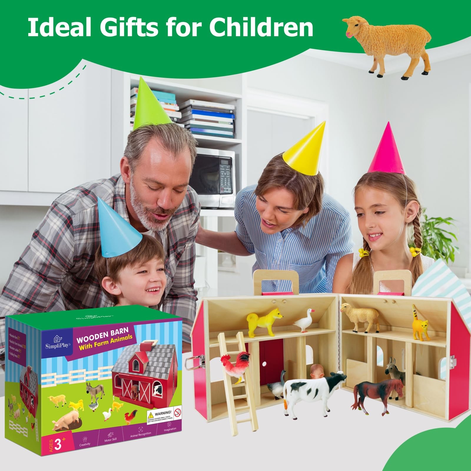 SIMPLIPLAY Farm Animal Toys with Portable Large Wooden Barn for Kids 3+ Years