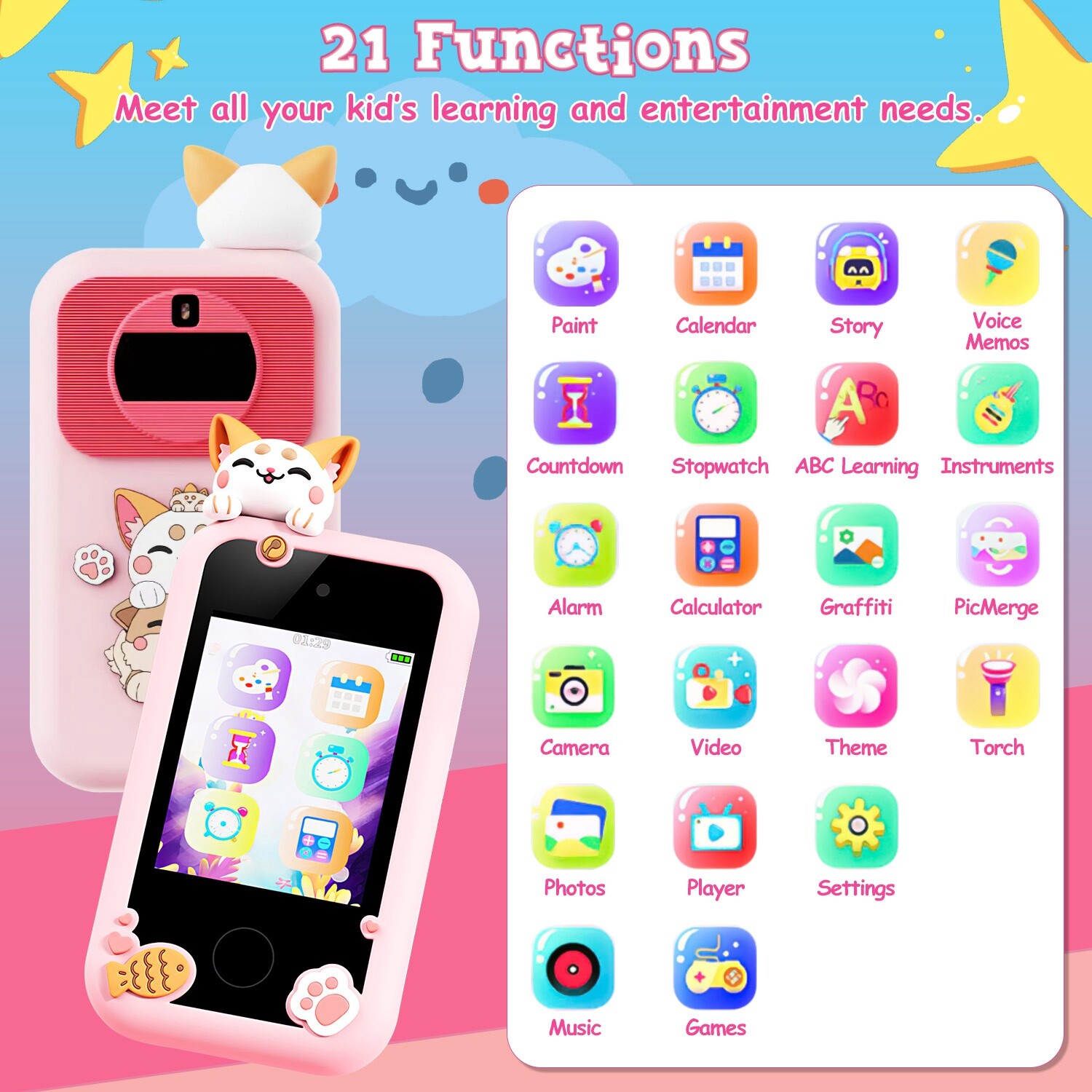 Shockproof Kids Smart Phone for Girls Boy Ages 3-9 Touchscreen Dual Camera Phone