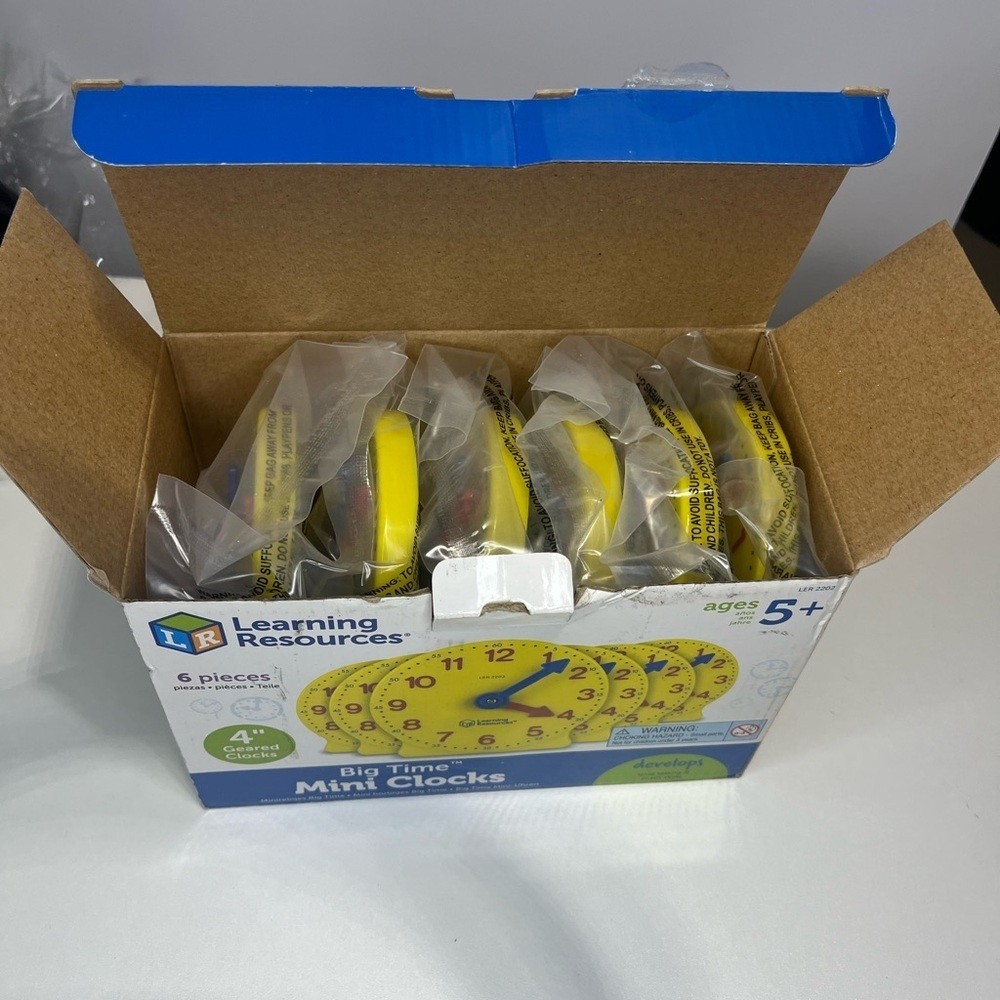 NEW Learning Resources Big Time Mini Clocks 6 pack – open box with sealed packs