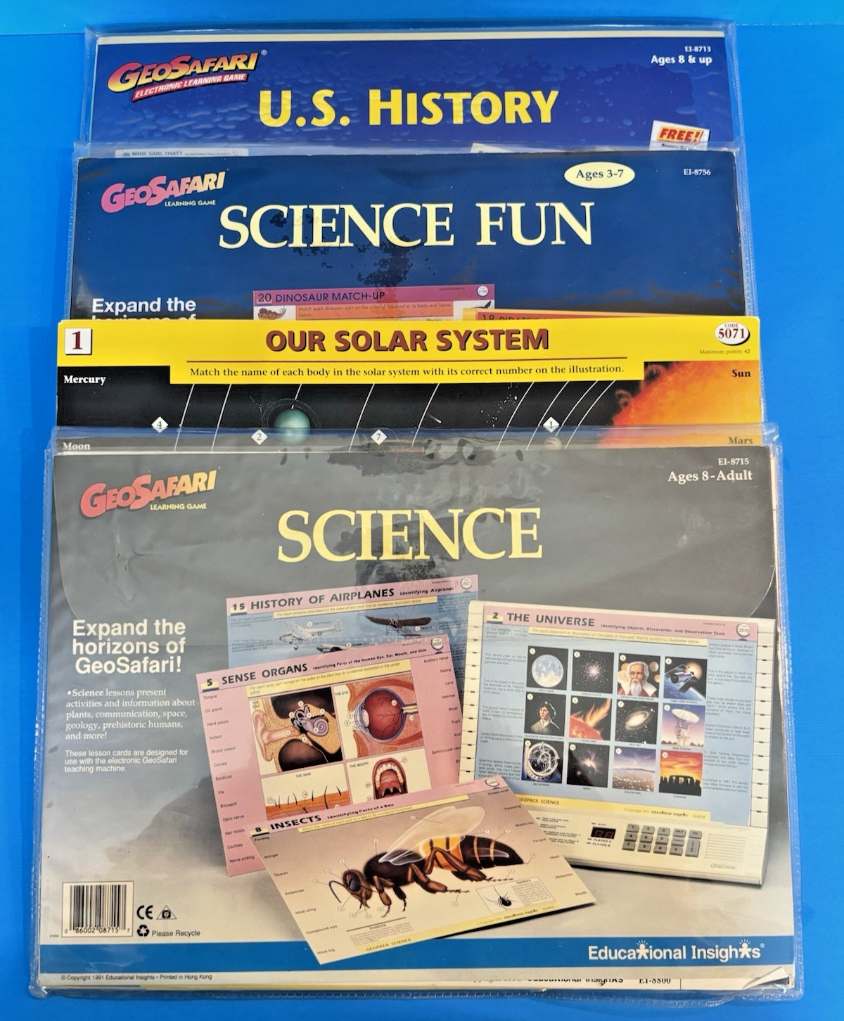 GeoSafari Electronic Learning Game Card Sets Lot of 4- Sci/Sci Fun/US Hist/Maps