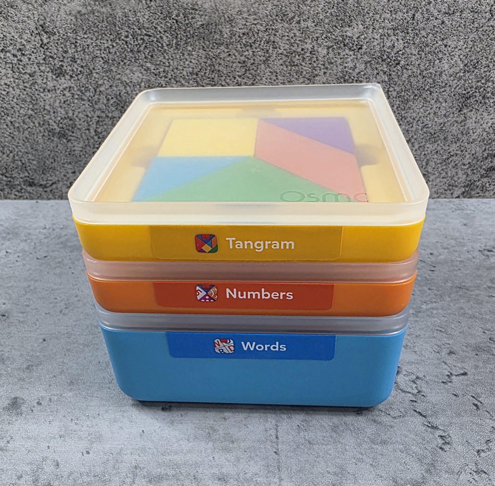 OSMO Game Tile Kits Lot of 3 -Words -Numbers -Tangram w Stackable Storage Cases