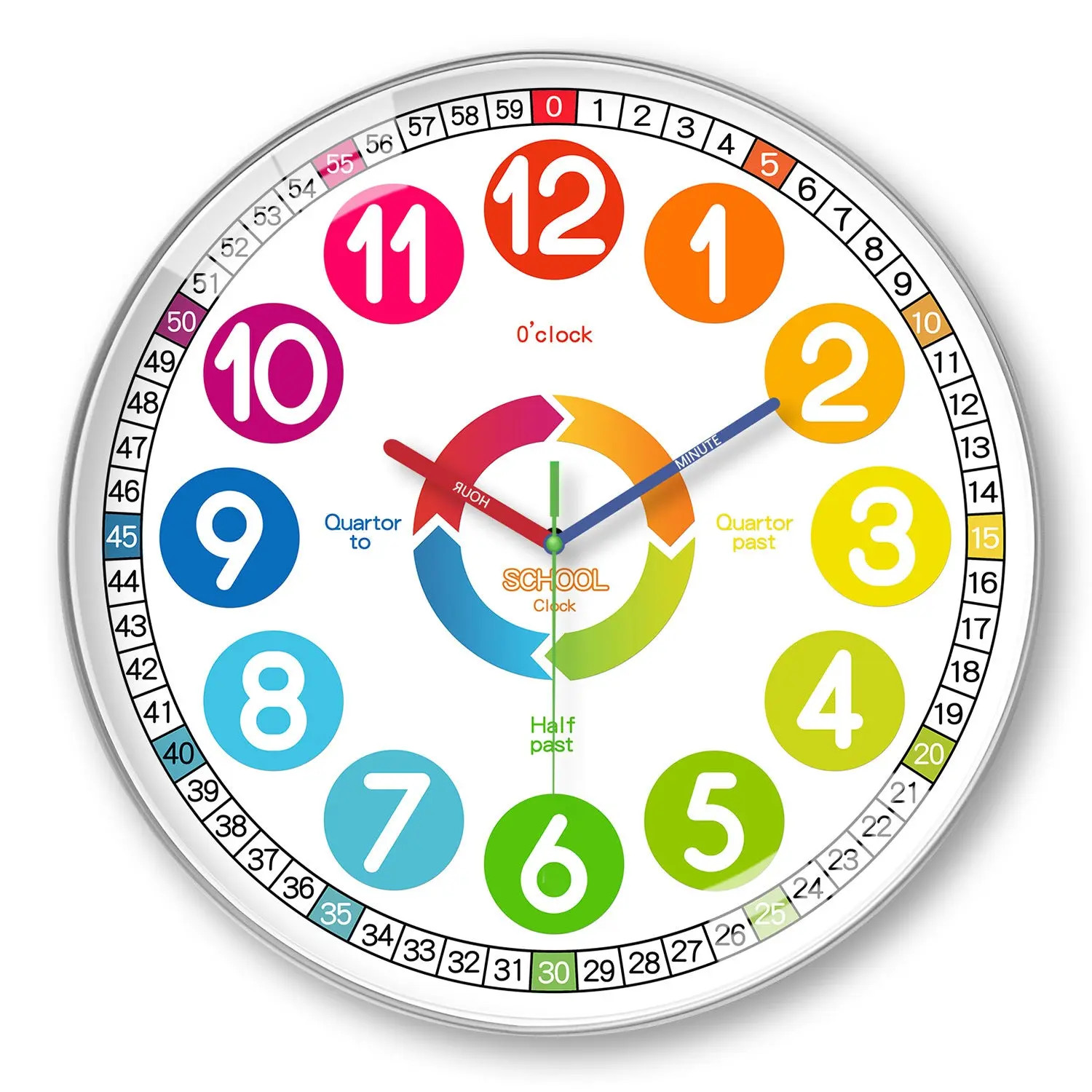 Rainbow Silent Wall Clock Modern Quartz Educational Clock for Kids & Home |