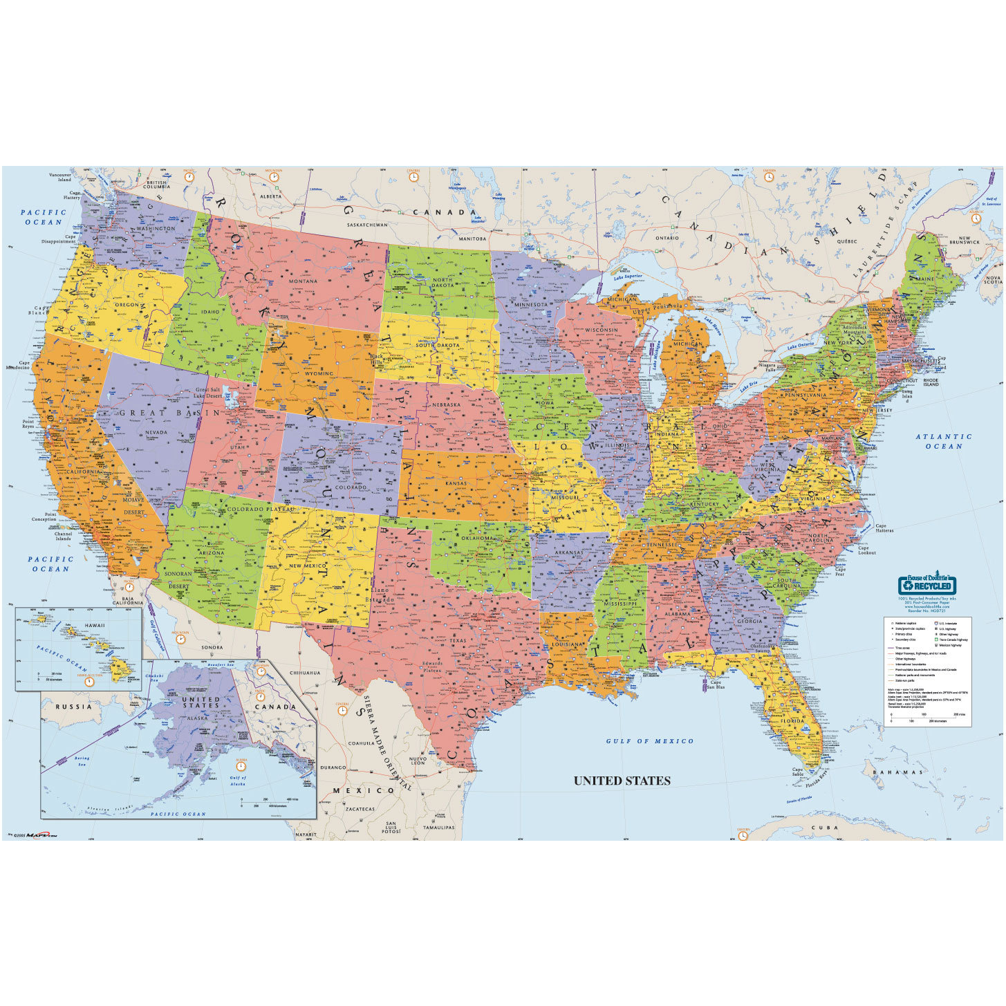 Laminated United States Map, 38 x 25″ with Write-on Wipe-off Surface