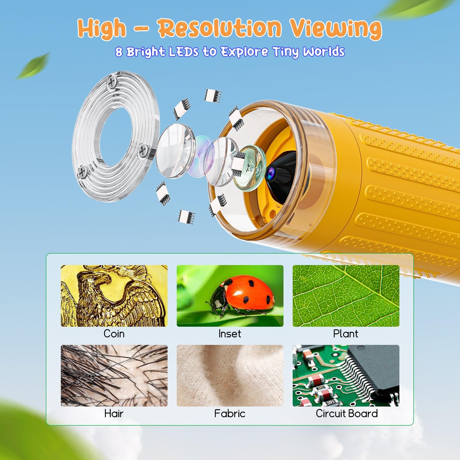 SKYBASIC Digital Microscope for Kids, 2″ Screen 1000X Handheld Yellow