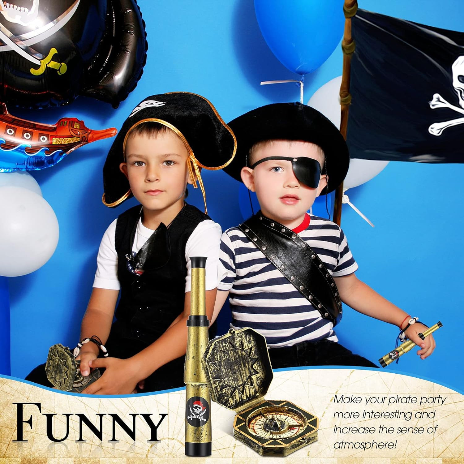 2 Pcs Pirate Telescope and Compass for Kids Adults Retro Mini Plastic Toy for Pi