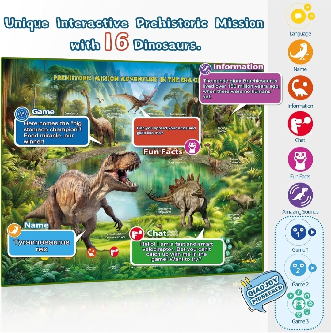 Bilingual Talking USA Map & Dinosaur Learning Poster for Kids Ages 3-12.