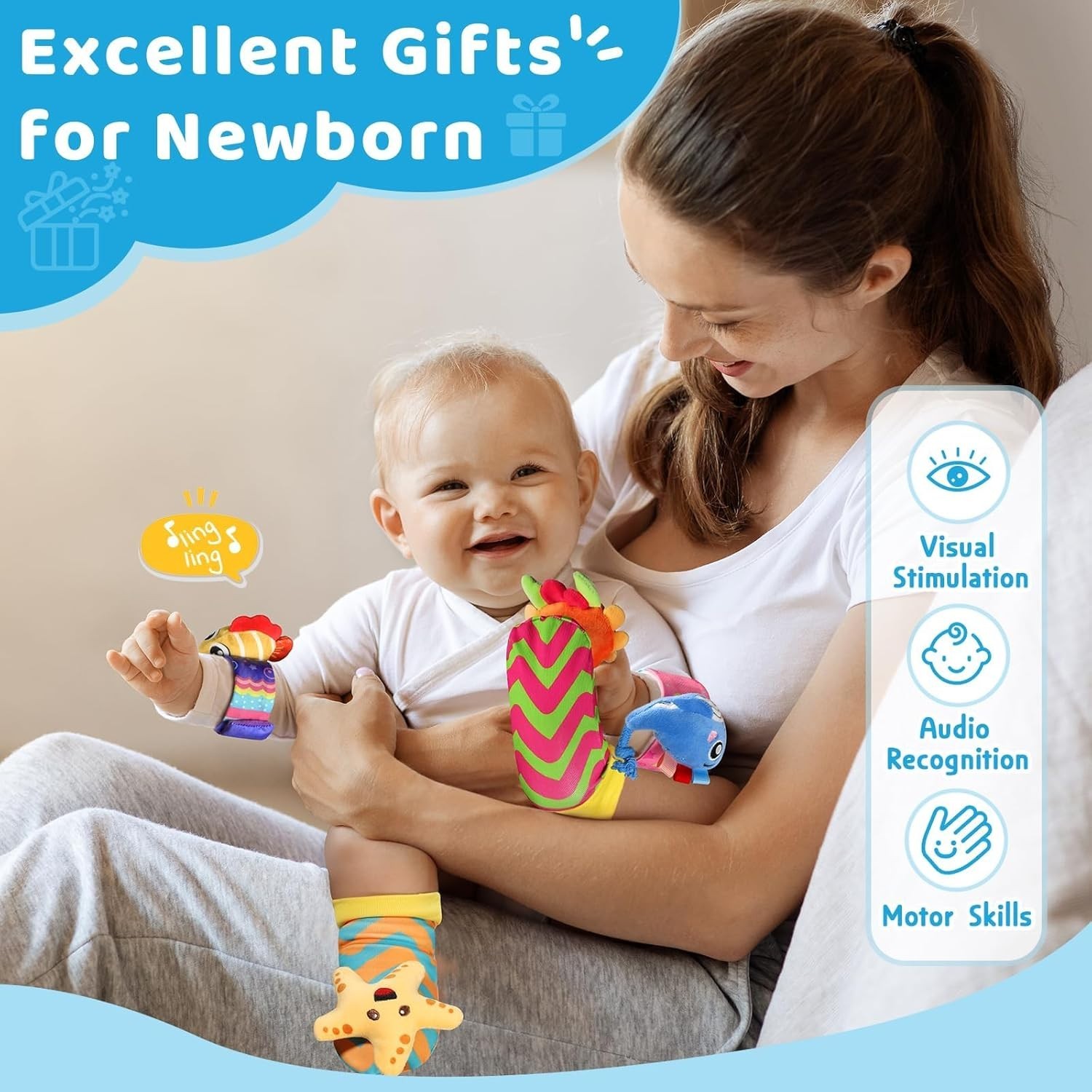 URMYWO Baby Wrist Rattles & Foot Finder Socks Sensory Toy Set Newborn 0-12M